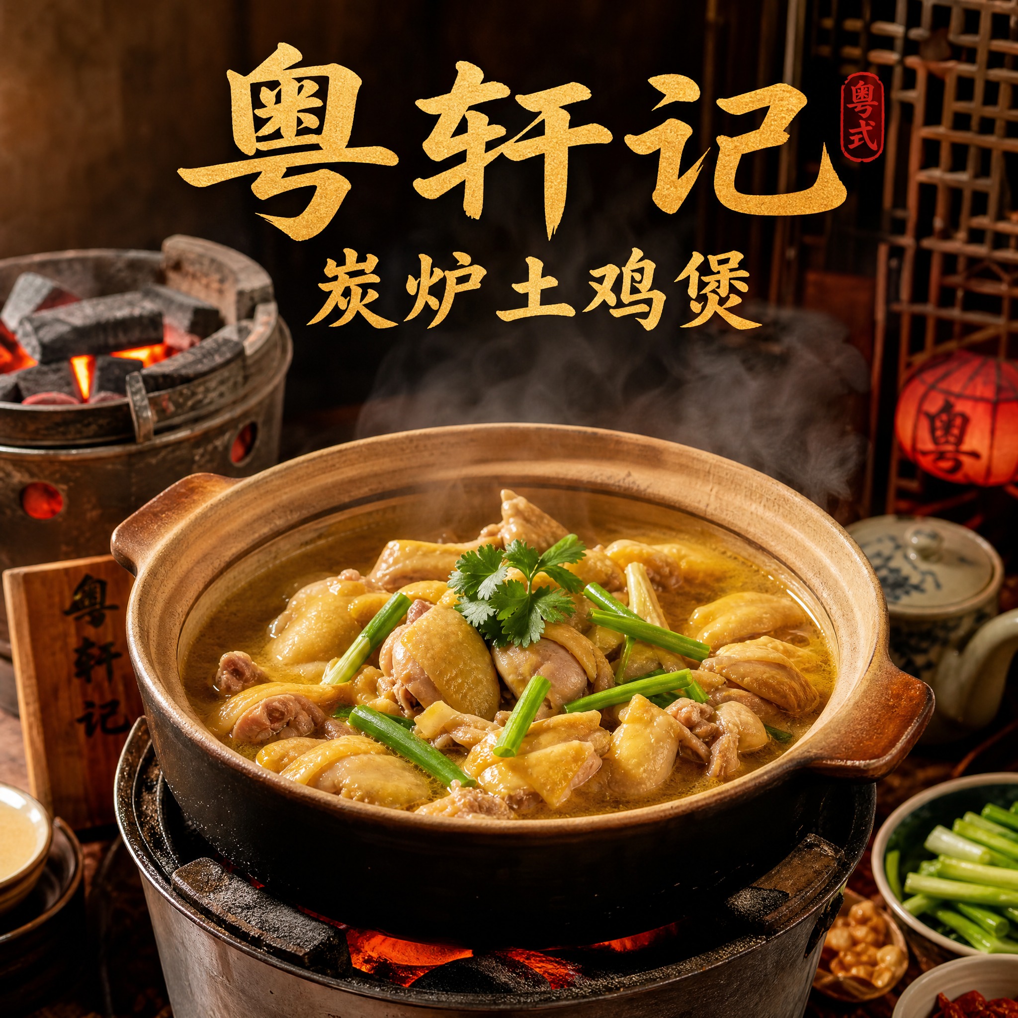 粤式炭炉土鸡煲餐厅头像设计，店名"粤轩记炭炉土鸡煲"，写真风格… - 图片创意预览