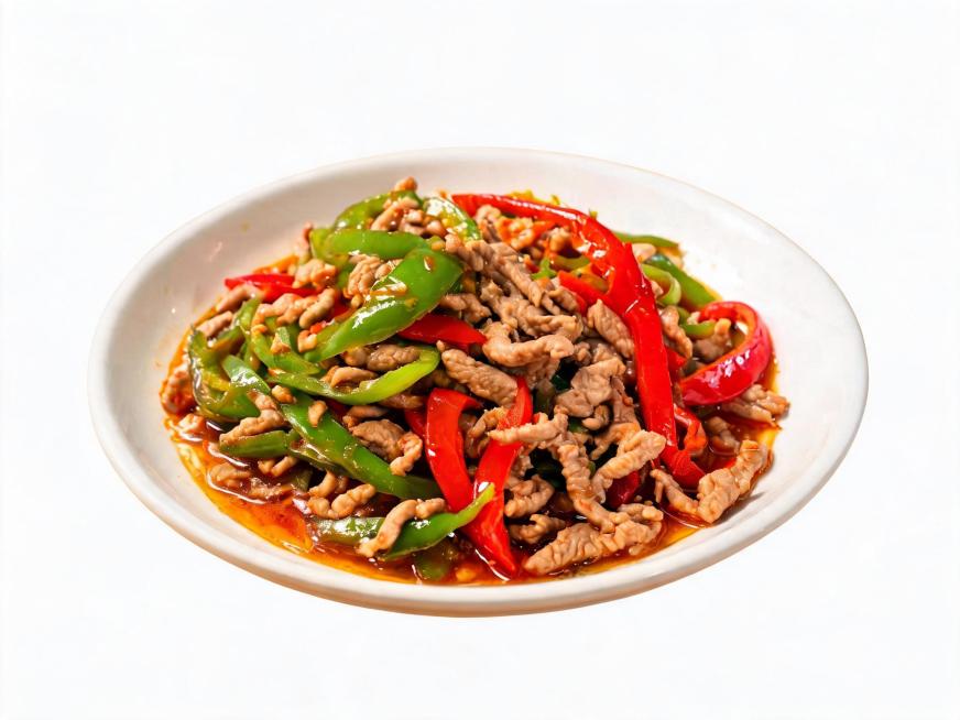 保留盘中的甜椒肉丝菜品，将背景改为纯白色，保持菜品原样不变预览效果