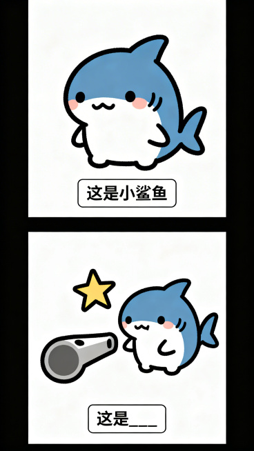 日系搞笑纵向双格漫画，上半格：Q版可爱的小鲨鱼，极简背景，底部白色矩形框黑字写“这是小鲨鱼”；下半格：小鲨鱼、一个哨子、一颗星星强行组合在一起，呈现荒谬互动，底部白色矩形框黑字写“这是____”，线条预览效果