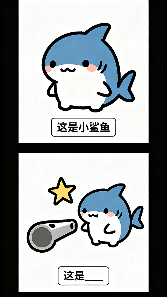 日系搞笑纵向双格漫画，上半格：Q版可爱的小鲨鱼，极简背景，底部白色矩形框黑字写“这是小鲨鱼”；下半格：小鲨鱼、一个哨子、一颗星星强行组合在一起，呈现荒谬互动，底部白色矩形框黑字写“这是____”，线条清晰，色彩鲜明