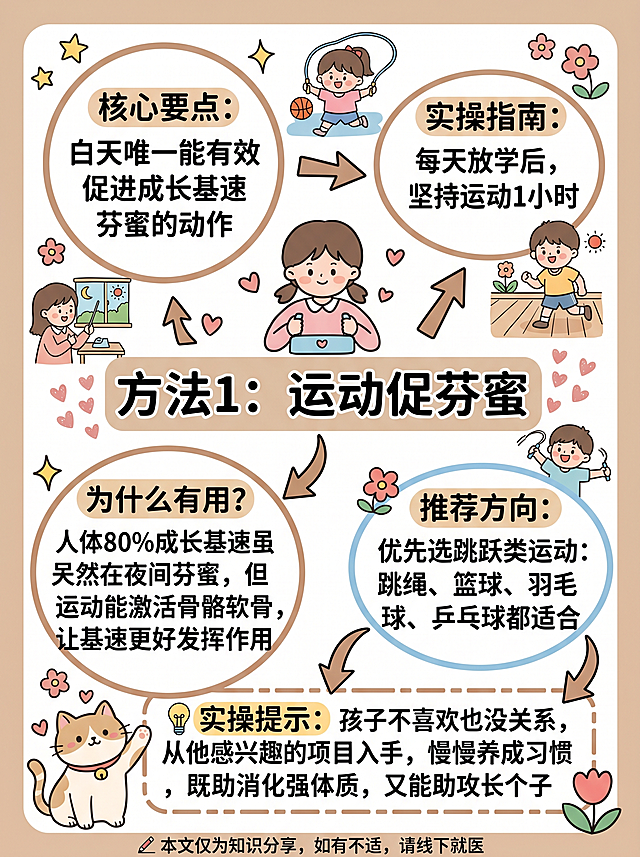 小红书手绘知识信息图，治愈系手账风格，整体色调柔和温馨，以米色、浅棕色、淡粉色、浅蓝色为主色调，搭配少量鲜艳色彩点缀。布局采用中心标题设计，内容分块展示，使用箭头连接形成逻辑流程图，动态引导阅读顺序。画面包含卡通人物形象、日常生活场景、可爱猫咪，用星星、花朵、心形装饰图案点缀，设计了圆形、椭圆形、矩形多种形状的文字框。中心标题："方法1：运动促芬蜜"，各内容区域文字："核心要点：白天唯一能有效促进成长基速芬蜜的动作"，"实操指南：每天放学后，坚持运动1小时"，"为什么有用？人体80%成长基速虽然在夜间芬蜜，但运动能激活骨骼软骨，让基速更好发挥作用"，"推荐方向：优先选跳跃类运动：跳绳、篮球、羽毛球、乒乓球都适合"，"💡 实操提示：孩子不喜欢也没关系，从他感兴趣的项目入手，慢慢养成习惯，既助消化强体质，又能助攻长个子"，卡片下方标注一行小字："本文仅为知识分享，如有不适，请线下就医"。整体风格清新自然，线条流畅略带不规则感，简约而不失细节，传递轻松愉悦、舒缓治愈的氛围，贴近日常生活，具有心灵疗愈感，如果内容没有铺满画面，添加相关配套插画补充