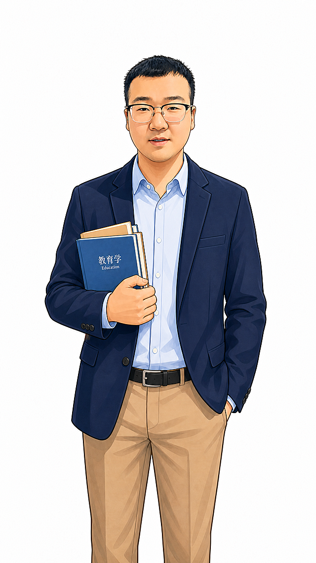 调大身体占比，缩小头部比例，调整整体头身比例，保留原有卡通风格、教师形象、所有外貌特征和白色背景
