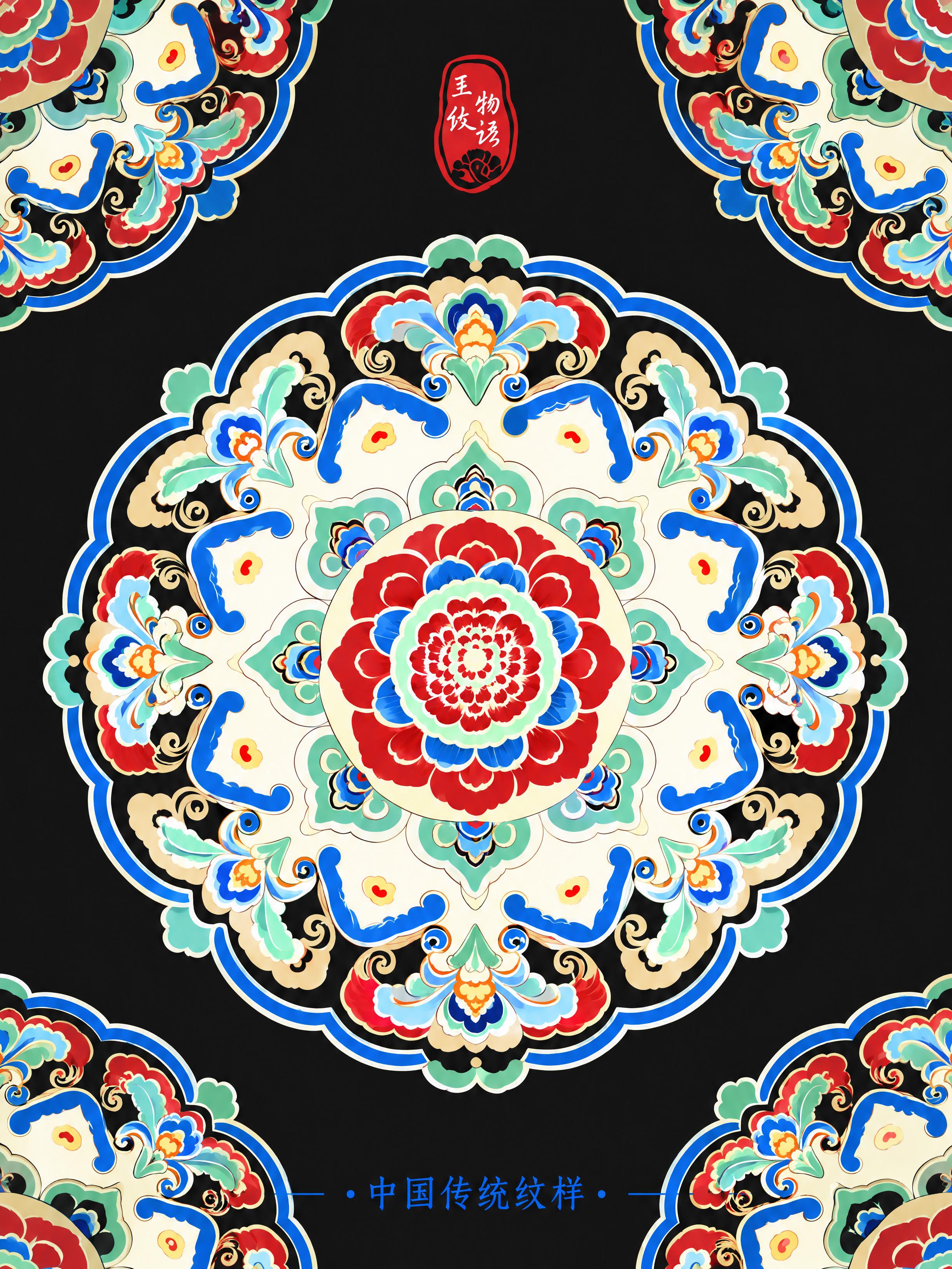 将这张中国传统团花纹样图去除所有渐变效果，改为纯平涂矢量风格，… - 图片创意预览