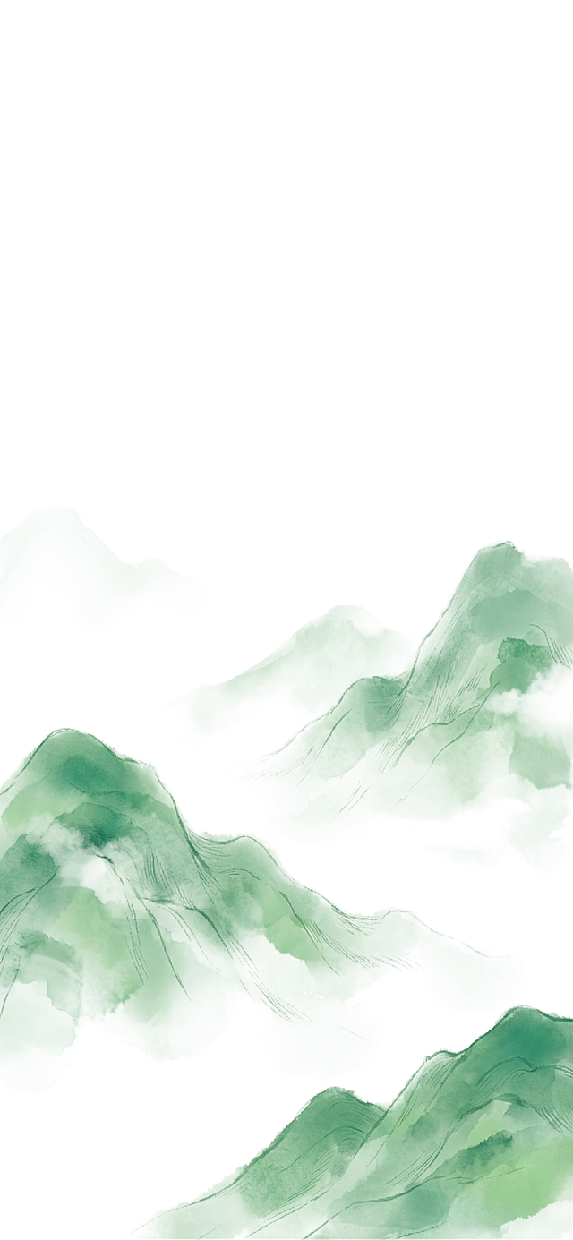 参考图中的清新淡绿色水彩国风插画风格，绘制青翠的山峦，使用和参考图一致的柔和渐变绿色调，笔触细腻淡雅，背景干净简洁