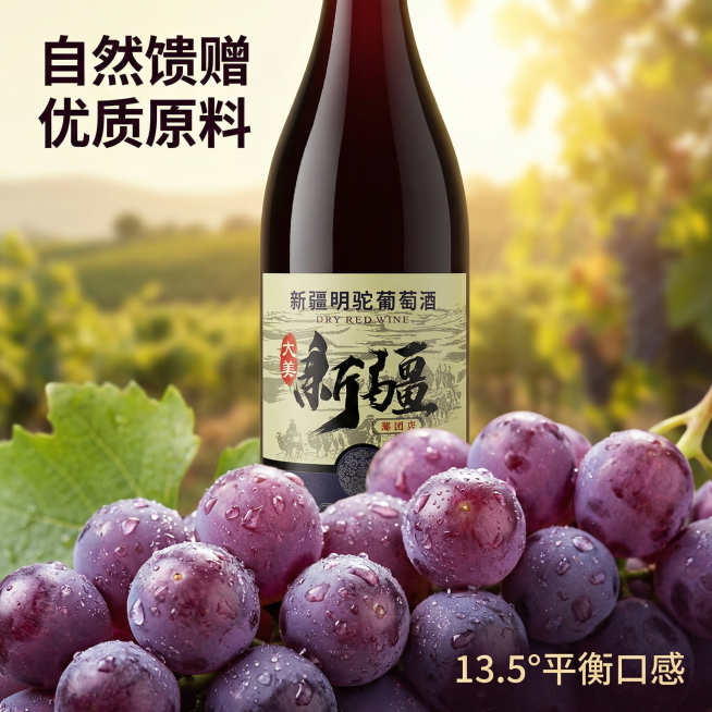 [主图 3] 工艺细节特写图，展示优质酿酒葡萄原料，重新生成
[氛围/风格] 微距质感，自然真实，突出优质原料的细节纹理
[画面元素] 保持葡萄酒瓶主体位置不变，酒瓶放置在画面中下区域，前景放置一串新预览效果