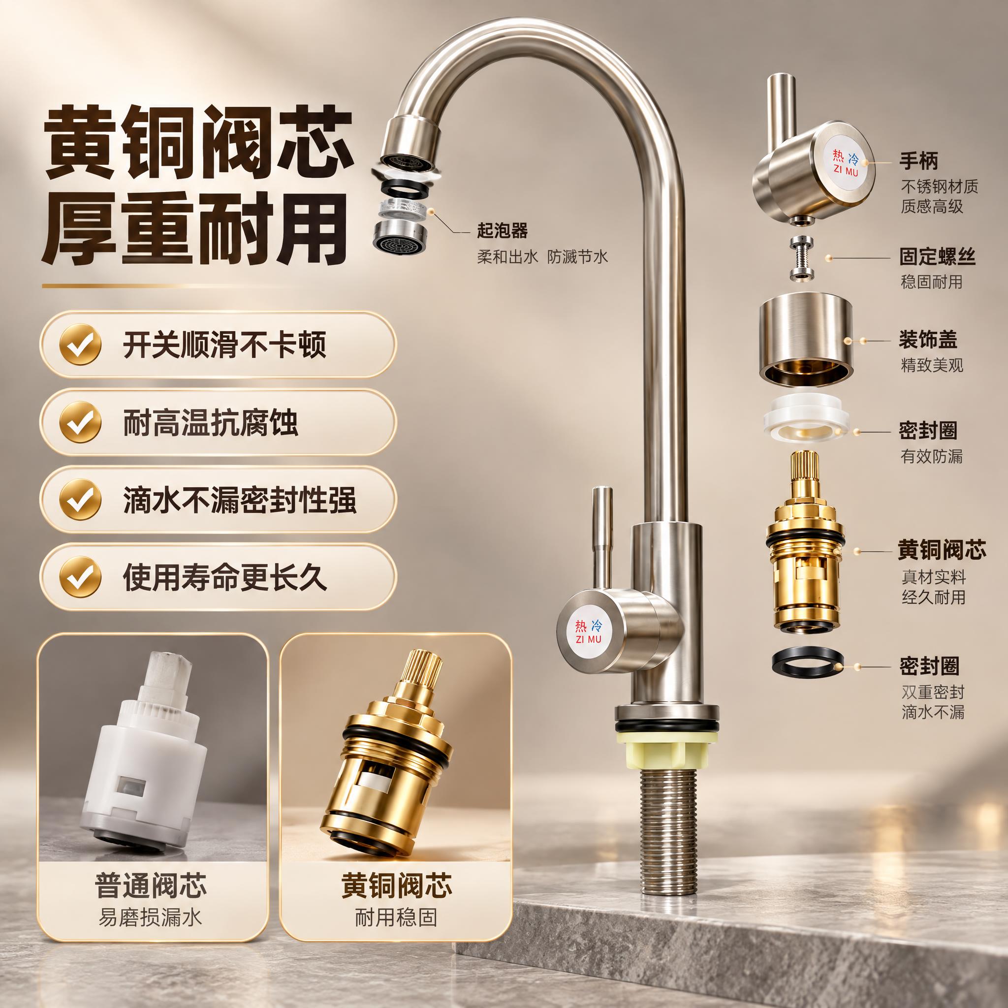 [主图-2] 核心亮点，展示水龙头黄铜阀芯结构与核心功能优势，… - 图片创意预览