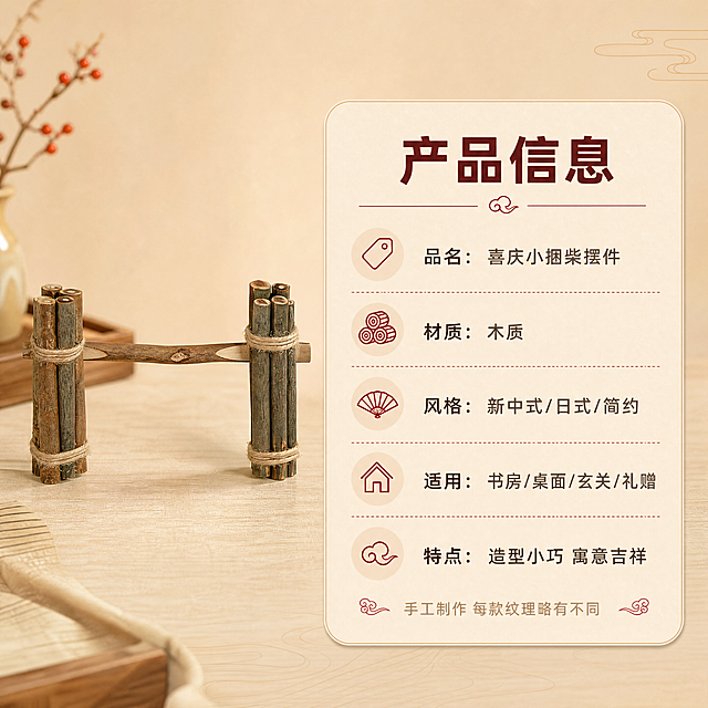 [商品] 使用【图1】喜庆小捆柴摆件；保留木质柴捆结构、麻绳捆扎、自然木色；产品置于左侧做标准展示。
[画面] 页面目标：规格信息，清晰呈现选购参数。构图：左图右文，左侧产品占画面45%，右侧圆角信息卡列参数。背景为浅米色渐变。阅读动线从左到右。
[视觉] 套系策略：风格=新中式喜庆温馨商业摄影；标题字=阿里巴巴普惠体粗体；正文字=阿里巴巴普惠体常规；主色=暖木棕；背景延展=基于暖木棕做深浅层级、同色渐变和细腻宣纸/木纹质感；强调色=朱砂红，仅用于小面积图标、引线和标签；标题色=深棕红；正文色=暖灰棕；组件=圆角米白底信息卡、细线引线、中式云纹点缀；光影=左前侧暖柔光，柔和阴影。
[文字] 右侧信息卡顶部主标题「产品信息」，下方列表：「品名：喜庆小捆柴摆件」「材质：木质」「风格：新中式/日式/简约」「适用：书房/桌面/玄关/礼赠」「特点：造型小巧 寓意吉祥」；底部小字「手工制作 每款纹理略有不同」；全部文字横排，字号保证手机端清晰可读。
[规格] 图片比例1:1正方形，4K分辨率，负向提示：避免极限词、天然/环保/原生态等违规词、淘宝违禁词、小标致图案、变形、错字、文字过小、参数虚假、冷蓝背景。