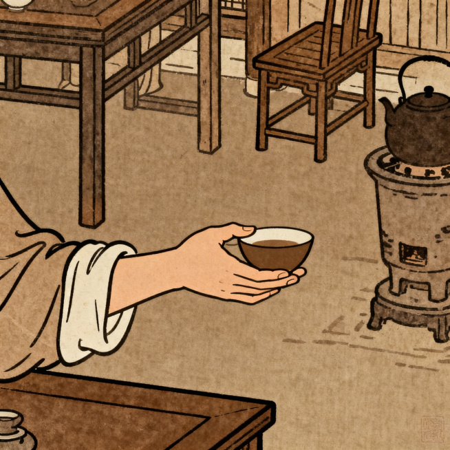 画面内容为宋代斗茶场景中的奉茶动作，侧重展现将点好的茶奉出动作，减少人物占比，整体色调统一为茶色、酱油色，风格简洁线条扁平化，带有复古历史感，仿照清明上河图的创作风格绘制预览效果