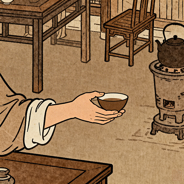 画面内容为宋代斗茶场景中的奉茶动作，侧重展现将点好的茶奉出动作，减少人物占比，整体色调统一为茶色、酱油色，风格简洁线条扁平化，带有复古历史感，仿照清明上河图的创作风格绘制