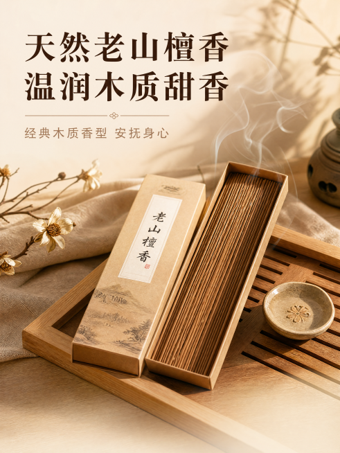 🌳 香氣特色

老山檀香散發天然木質清香，
前段柔和清雅，
中段醇厚甘甜，
尾韻溫潤悠長。

點燃後，
香氣慢慢瀰漫整個空間，
令人放鬆身心，
帶來平靜與安定感。老山檀香一直是許多香友喜愛的經典香型预览效果