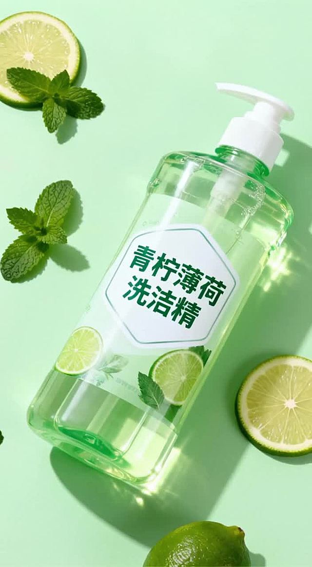 产品宣传广告，不要字幕。
台词：GD青柠薄荷洗洁精，萃取新鲜青柠与薄荷精华，洗果蔬去农残、刷餐具去油污，泡沫细腻易冲洗，给餐具和双手双重温和呵护～