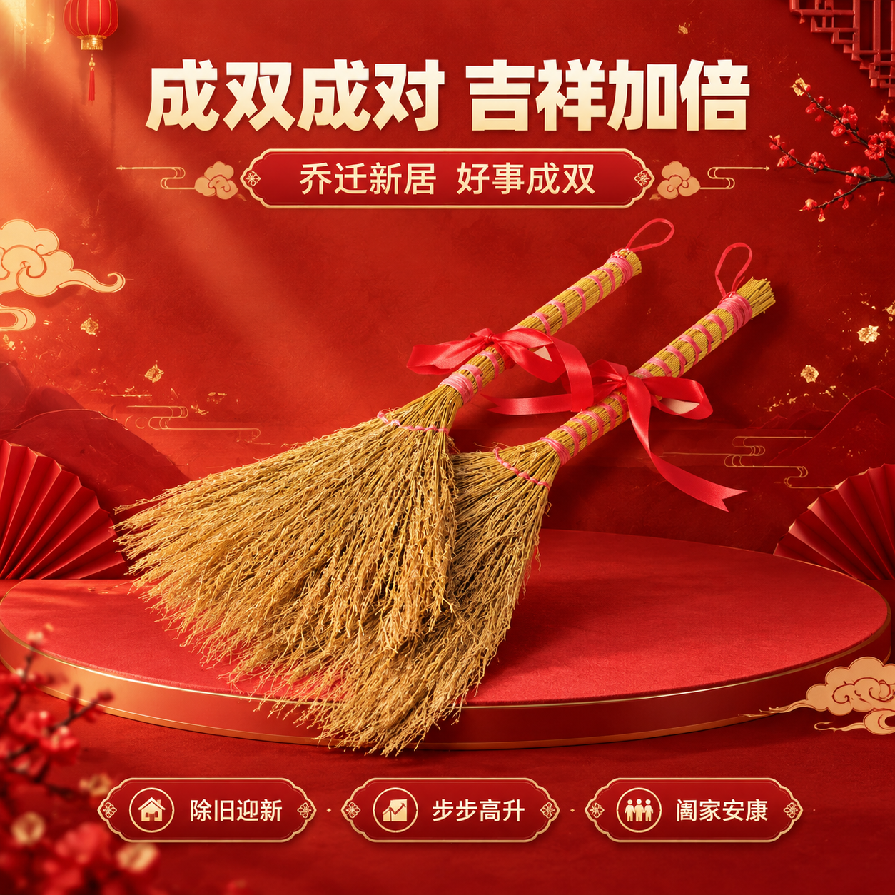 [商品] 使用【图5】扫把捆红绳乔迁之喜双支横放展示；保留双支… - 图片创意预览
