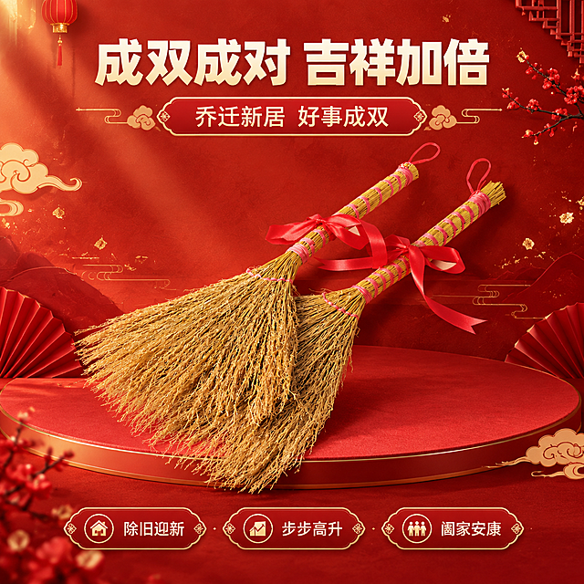 [商品] 使用【图5】扫把捆红绳乔迁之喜双支横放展示；保留双支扫把的植物秆主体、红色绳带、红色蝴蝶结结构、颜色和材质；真实摆放方向。
[画面] 目标：双支展示，成对摆放效果，寓意成双成对吉祥如意。构图：产品斜向交叉摆放于画面中心，上下留白放文字。景别：全景。阅读动线：顶部标题→中部双支产品→底部寓意说明。前中后景：前景双支扫把、中景红色绸带装饰、后景暖红渐变带金箔纹理背景。场景：乔迁喜庆展示台。
[视觉] 套系策略：风格=中式喜庆商业摄影；标题字=阿里巴巴普惠体 粗体；正文字=阿里巴巴普惠体 常规；主色=中国红；背景延展=基于中国红做深浅层级、同色渐变和金箔/宣纸质感；强调色=金色，仅用于小面积图标、引线、标签和装饰线条；标题色=正红色；正文色=深棕红；组件=圆角红底金边信息卡、细线引线、祥云装饰；光影=左前侧暖柔光，产品轮廓带金边光。
[文字] 顶部主标题「成双成对 吉祥加倍」，副标题「乔迁新居 好事成双」，底部3个寓意标签：「除旧迎新」「步步高升」「阖家安康」；文字横排，不遮挡双支扫把主体。
[规格] 图片比例1:1，分辨率4K，quality=medium；负向提示：避免变形、错字、文字过小、冷蓝背景、极限词、天然/环保/原生态等违规词、淘宝平台违禁词、二维码、水印。