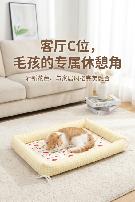 2:3竖屏，杂志风精致排版，浅黄格纹+樱桃图案的窝垫（严格还原https://0.jpg细节）放置在客厅地毯上，一只8斤内的成猫惬意蜷缩在窝中，背景为简约沙发与装饰画，营造温馨家居氛围。主标题：“客厅预览效果