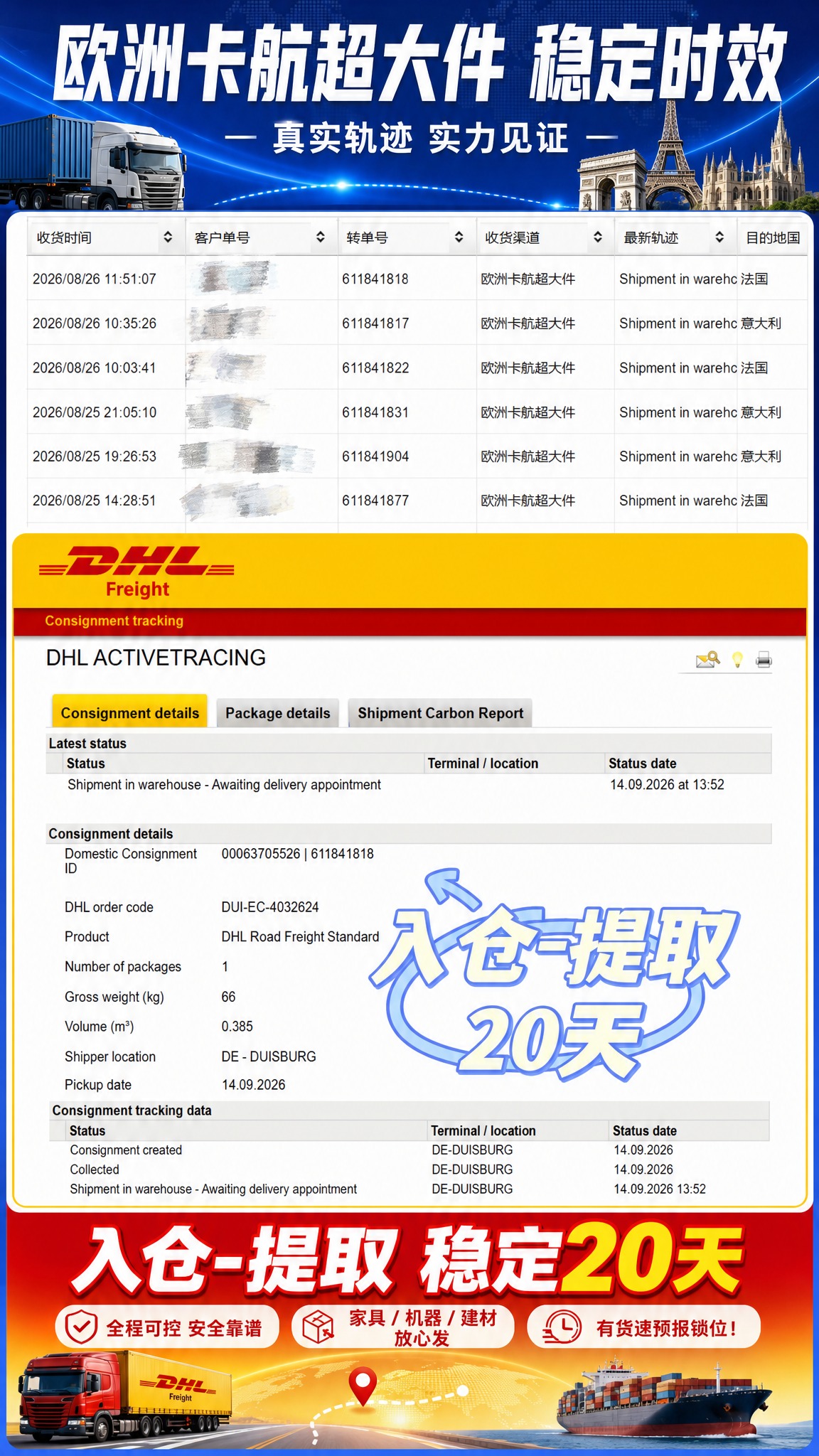 基于这张欧洲卡航超大件物流截图，制作一张时效宣传图，原图所有文… - 图片创意预览