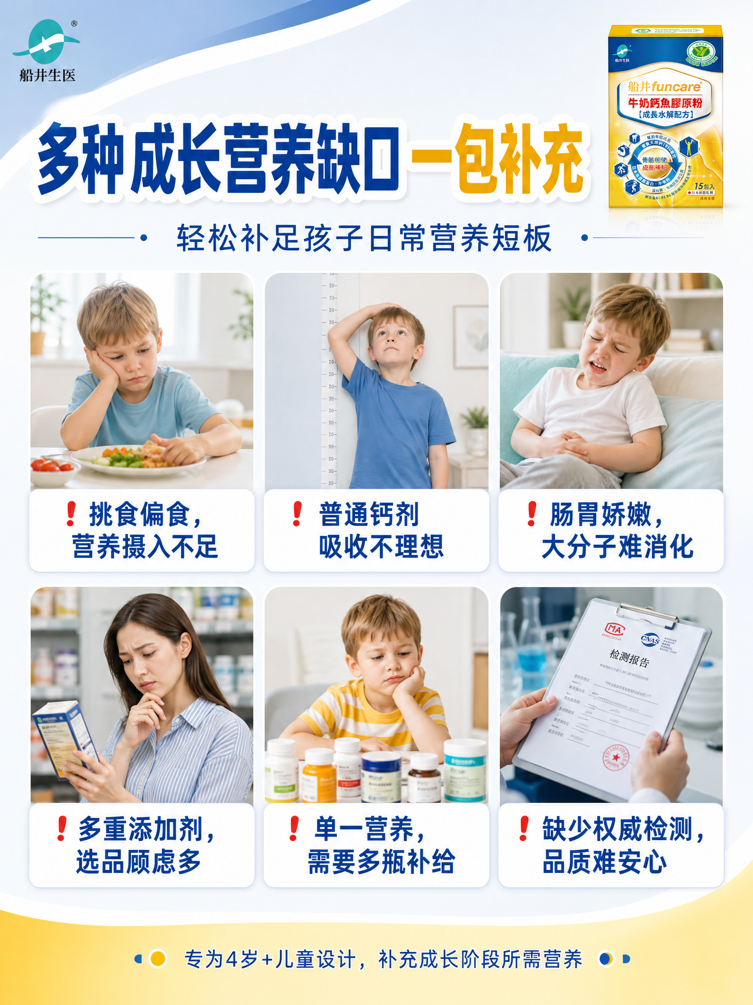 儿童成长营养保健品电商海报，竖版3:4，简约干净风格，整体色调… - 图片创意预览
