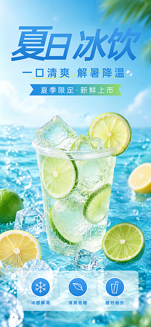 冰爽冰块食品饮料夏季清爽柠檬水竖版海报AIGC
