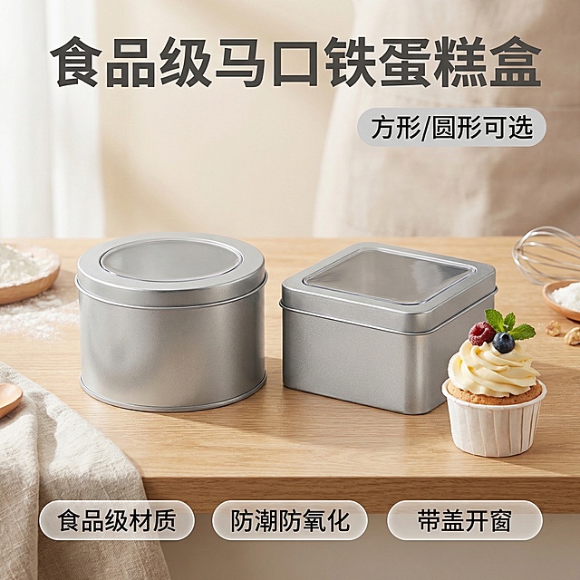 [垫图] https://gdesign-dam-hz.dancf.com/35917411191478389/c4fe7829a8d34d0481291d3042131a7e.jpg https://gdesign-dam-hz.dancf.com/35917411851558002/172405b8fc724b23b4c9af5ce95a4454.jpg
[主图主题] 食品级马口铁蛋糕盒首图
[氛围/风格] 干净明亮烘焙场景，清新自然风格
[画面元素] 圆形和方形马口铁蛋糕盒并排居中展示，放置在整洁的烘焙工作台面上，旁边摆放一块装饰好的纸杯蛋糕作为搭配，柔和自然光从左侧照射，背景为浅米色干净烘焙环境，背景铺满全屏无边框，产品主体占比约60%。
[配色色系] 主色调：高级银灰色（产品）；辅助色：浅米白（背景）、淡棕（桌面）、暖黄（蛋糕）
[视角构图] 平视角度，景深适中，构图平衡
[文字版式] 主标题 "食品级马口铁蛋糕盒" 位于画面左上角，加粗无衬线字体，深灰色；右上角浅灰色圆角标签 "方形/圆形可选"，白色字体；底部三列排列核心卖点 "食品级材质 防潮防氧化 带盖开窗"，浅灰色半透明胶囊框搭配深灰色文字。1:1比例，2k分辨率