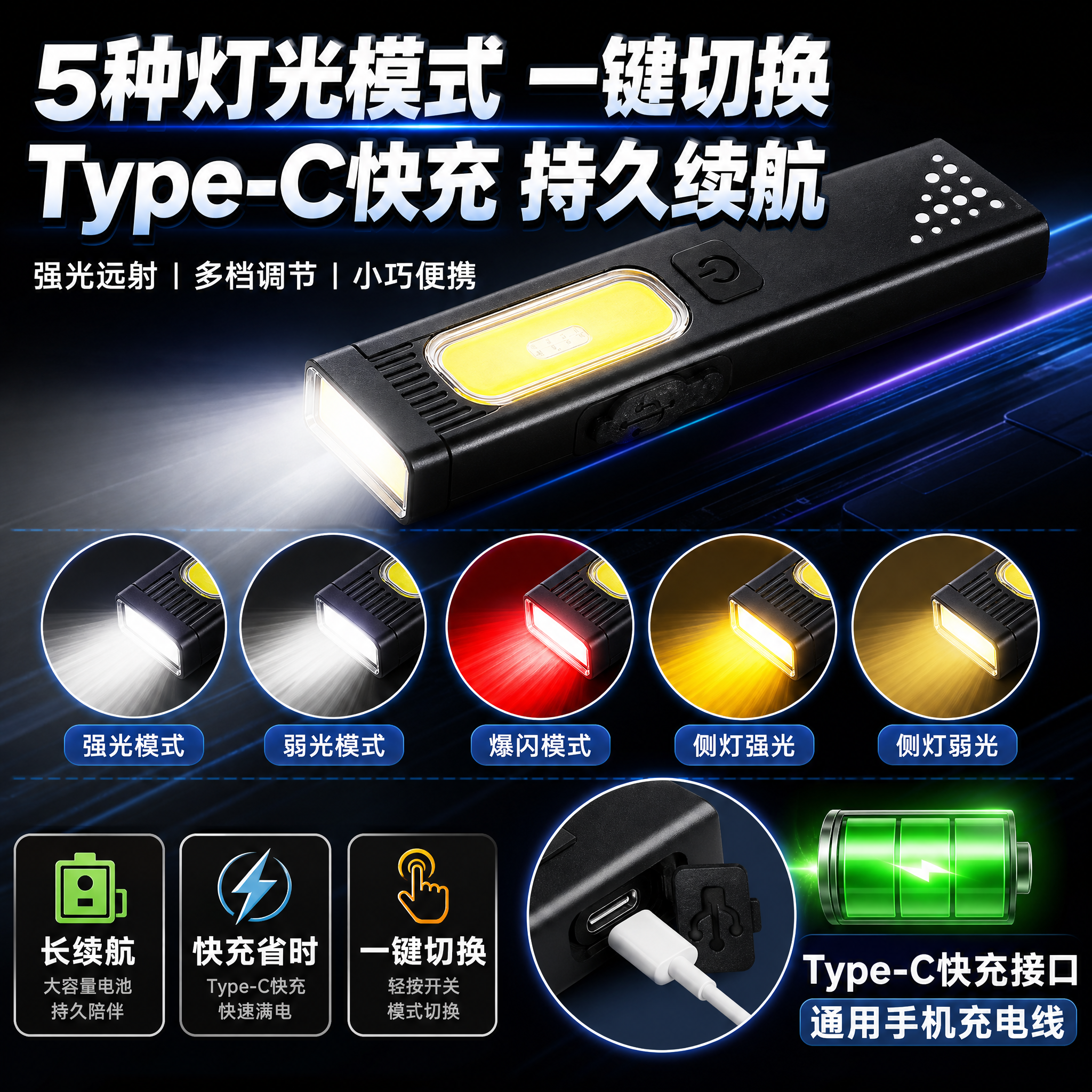 [主图-3] 功能细节图，主题为5种灯光模式+Type-C快充… - 图片创意预览