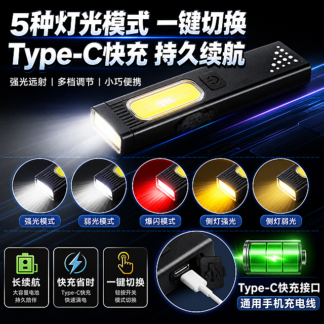 [主图-3] 功能细节图，主题为5种灯光模式+Type-C快充持久续航，展示灯光模式切换和充电功能细节。
[统一基调] 拼多多风格，大字直白、高信息密度、性价比感强；整体深色科技感背景配蓝紫色光效，主标题白色粗黑体加蓝色渐变描边，辅助文案白色，强调色为亮蓝色和橙黄色，图标配圆角深色底块，整体满版构图不留大面积空白。
[画面] 画面中央偏上放置手电筒产品正面视角，产品占画面约50%，侧面COB灯亮着暖黄光。产品下方排列5个圆形灯光模式示意图，从左到右依次展示：强光模式、弱光模式、爆闪模式、侧灯强光、侧灯弱光，每个圆图内有对应灯光效果，下方标注模式名称。右下角放大展示Type-C充电接口特写，有充电线插入的示意，旁边有电池图标表示持久续航。背景为深色渐变加科技感线条。
[光影质感] 商业产品精修质感，产品表面光滑有质感，各灯光模式有不同亮度和颜色的光效，充电接口细节清晰，整体光影干净利落。
[配色] 深色背景，主标题白蓝渐变，5种模式图标用不同光色区分（白色强光、暖黄侧光、红白爆闪等），充电元素用绿色表示电量充足。
[文字版式] 顶部大标题两行："5种灯光模式 一键切换" 下一行 "Type-C快充 持久续航"，粗黑体大字。中间5个模式圆图横向排列，每个下方有小字标注模式名。右下角充电放大图旁标注"Type-C快充接口 通用手机充电线"。底部有三个小卖点图标："长续航"、"快充省时"、"一键切换"。文字清晰，层级分明。
[输出要求] 1:1正方形比例，产品外观结构与参考图完全一致，文字清晰无错字，画面干净无水印无平台logo，禁止变形、模糊、杂乱背景。