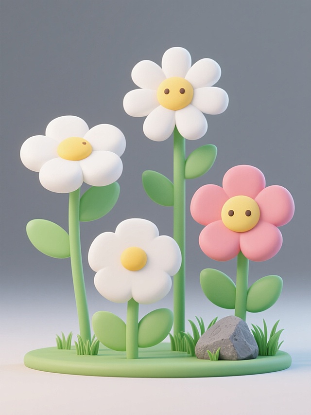 一组4个不同配色、不同样式的3D材质可爱元素，干净风格，符合现实逻辑，适用于素材使用。包括大小不一、形态各异的卡通花朵，花朵有白色花瓣和黄色花蕊，绿色花茎和叶子，旁边有一块灰色小石头和几丛绿色小草，整体呈现出简洁、明快、童趣的视觉效果，元素之间布局自然和谐，具有清晰的轮廓和立体感，适合作为设计素材单独提取使用。