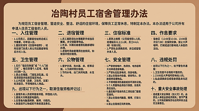 参考原图的简约暖色调企业商务风格和分栏排版布局，替换为完整正确的冶陶村员工宿舍管理办法文字，保留所有内容不缺失，保持横版尺寸和整体风格不变，无卡通元素，突出清晰文字：
冶陶村员工宿舍管理办法
为规范员工宿舍管理，营造安全、整洁、舒适的住宿环境，保障员工正常休息，特制定本办法。
本办法适用于公司所有申请入住员工宿舍的人员。
一、入住管理
1.公司员工，因家庭住址较远或工作需要，可申请入住。
2.需如实填写《住宿申请表》，经所在部门负责人和公司后勤部审批后方可入住。
二、退宿管理
1.员工离职须在办理离职手续当日搬离，并交钥匙等物品。
2.外派、长期出差者按后勤部通知办理。
3.退宿时须由管理员检查房间，如有损坏照价赔偿。
三、住宿标准
1.原则上按照（公司级领导1人间，经理级及以上2人间，员工4-6人间）标准分配。
2.严禁私自调换房间、床位或留宿外来人员。
四、作息要求
宿舍区（12:00至13:30、23:00至次日7:00）应保持安静，禁止大声喧哗、打闹或进行影响他人休息的活动。
五、卫生管理
1.实行“值日生制度”或“个人门前三包”，每日清理个人区域，每周大扫除一次。
2.禁止在墙面、门窗乱涂乱画，垃圾须袋装并投放至指定地点。
3.公共区域（走廊、卫生间、浴室）轮流值日，不得堆放私人物品。
六、公物管理
1.爱护空调、热水器、床、柜等设施，人为损坏照价赔偿。
2.节约水电，出门关闭电源、水龙头。
七、安全管理
1.严禁使用电炉、热得快、电热毯等大功率或违禁电器。
2.严禁私拉乱接电线、改装电路。
3.禁止在宿舍内吸烟、使用明火、存放易燃易爆物品。
4.不得堵塞消防通道或损坏消防设施。
5.个人贵重物品须自行保管，如丢失责任自负。
6.最后离开宿舍的员工须检查门窗是否锁闭。
7.禁止在宿舍内酗酒、赌博、打架斗殴。
8.禁止在宿舍区饲养宠物。
八、违规处罚
出现以下行为之一，给予警告并通报：
1.卫生检查不合格拒不整改的。
2.23:00后大声喧哗影响他人的。
3.私自调换床位或宿舍钥匙未归还的。
九、出现以下行为之一，取消住宿资格并记过：
1.留宿外来人员或将宿舍转租、转借他人的。
2.使用大功率违禁电器的。
3.在宿舍内酗酒闹事、赌博、斗殴的。
4.故意损坏公物或拒不承担清洁责任。
十、重大安全事故处理
造成重大安全事故（如火灾）的，由责任人承担全部经济损失；情节严重的，公司有权解除劳动合同并依法追究法律责任。