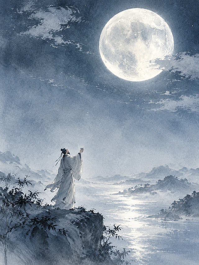中国水墨画风格，浩瀚夜空，一轮巨大圆月悬挂天际，银白色月光洒落大地，一位身着宋代文人长袍的诗人举杯仰望苍天，画面空旷寂寥，淡蓝色与银色色调，意境悠远，中秋主题，手机屏保，水墨晕染效果，留白构图，诗意氛围