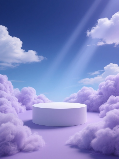 3D渲染风格的展台场景，画面中央有一个圆形的白色展台，展台周围环绕着大量蓬松、柔软的淡紫色云朵，云朵呈现出棉花糖般的质感，边缘柔和，带有细腻的纹理。背景是渐变的深蓝色天空，点缀着几缕轻薄的白色云彩，光线从云层间隙洒落，形成柔和的光束，照亮展台顶部，营造出梦幻、宁静且略带神秘感的氛围。整个场景色彩和谐，以紫色和蓝色为主色调，光影过渡自然，构图采用对称美学，展台位于画面中心，成为视觉焦点，周围的云……预览效果
