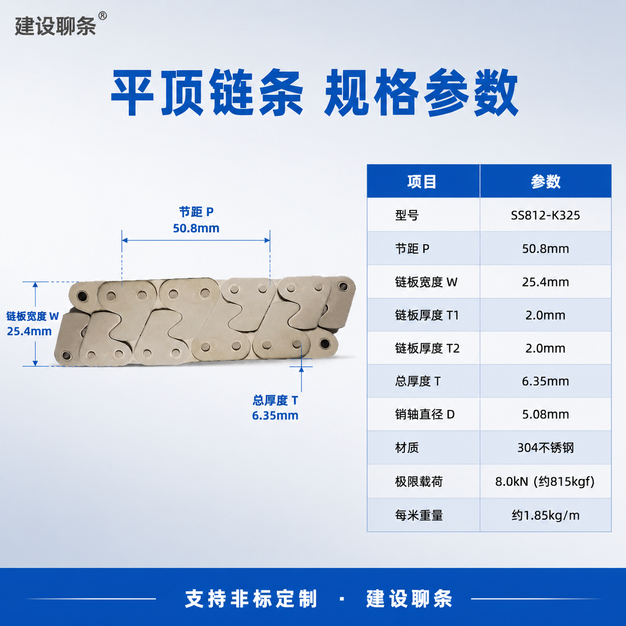 [主图-13] 主题：平顶不锈钢链条规格参数图，展示型号与尺寸… - 图片创意预览