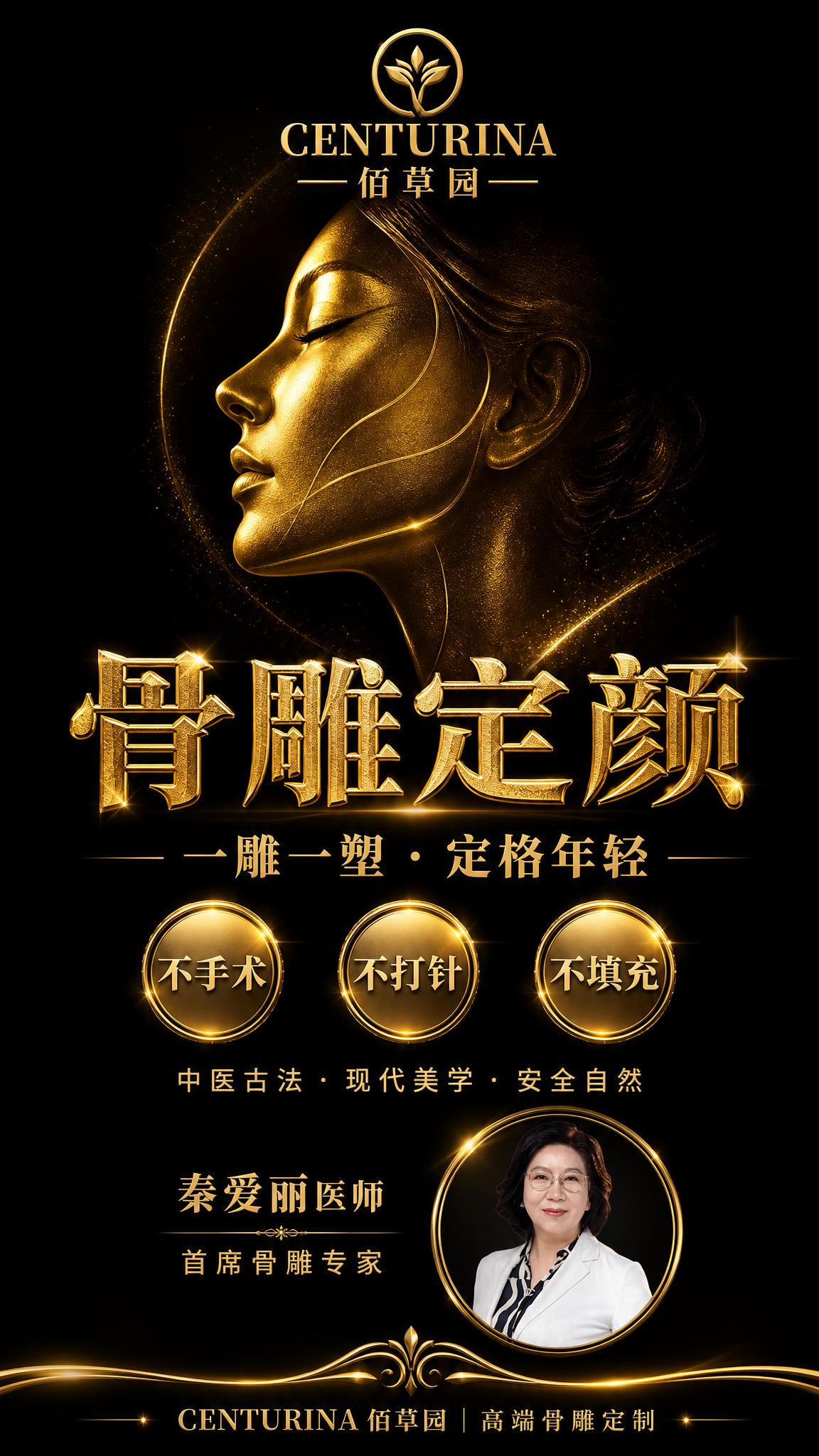 中医骨雕美容宣传海报，中文版，黑金奢华风。竖版9:16。纯黑色… - 图片创意预览