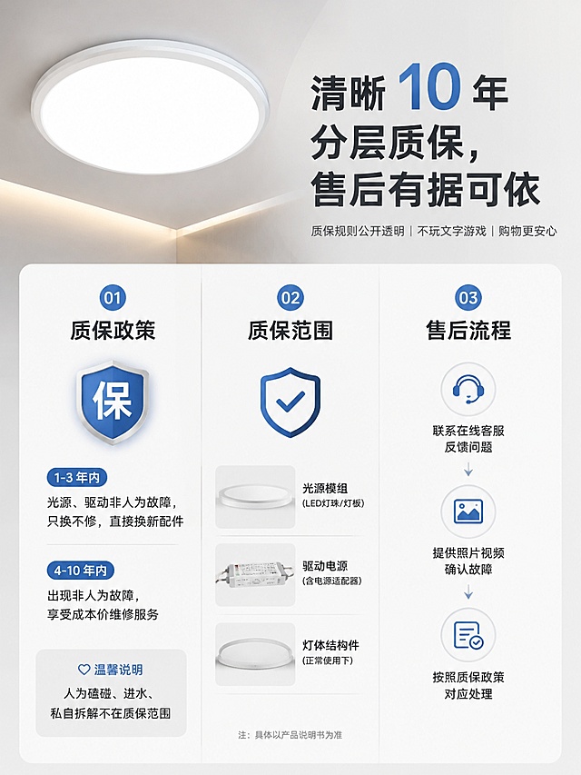 电商商品详情页核心差异化页面，展示吸顶灯10年分层质保细则，主题是质保规则公开透明不玩文字游戏，采用三栏布局，依次为质保政策、质保范围、售后流程。主标题文字为"清晰 10 年分层质保，售后有据可依"。第一栏质保政策文案：1-3 年内：光源、驱动非人为故障，只换不修，直接换新配件；4-10 年内：出现非人为故障，享受成本价维修服务；温馨说明：人为磕碰、进水、私自拆解不在质保范围。第三栏售后流程文案：联系在线客服反馈问题，提供照片视频确认故障，按照质保政策对应处理。整体风格简洁专业，现代简约电商风格，左上角搭配产品图