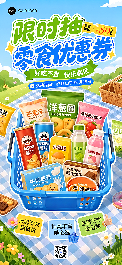 商品零售商超百货零食优惠券购物车促销手机海报