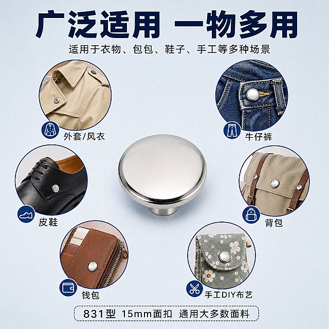 [主图-14] 831型金属四合扣 适用范围大全图。
[统一基调] 淘宝五金配件风格 浅灰蓝背景 主标题深蓝粗黑体 辅助说明深灰细黑体 图标蓝色线条 整体清晰全面。
[画面] 画面中心放一颗银色四合扣面扣 周围环绕六个圆形小图 分别展示不同应用场景 外套风衣 牛仔裤 皮鞋 背包 钱包 手工DIY布艺 每个小图下方标注名称 顶部大标题 广泛适用 一物多用 底部说明 831型 15mm面扣 通用大多数面料。
[光影质感] 中心产品精修质感 周围场景小图真实自然 整体光影统一 金属扣高光干净。
[配色] 背景浅灰蓝色 主标题深蓝色 场景图标蓝色边框 产品银色金属。
[文字版式] 顶部深蓝色大标题 广泛适用 一物多用 六个场景小图均匀环绕排列 每图下方标注场景名称 底部小字补充说明 字体统一黑体。
[输出要求] 1:1正方形 2048x2048 场景丰富清晰 文字可读 负向 变形 错字 模糊 杂乱
