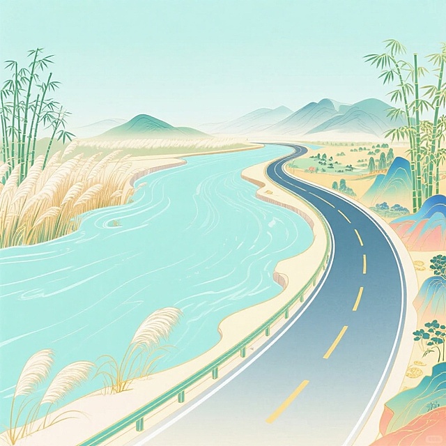 诗经画卷；淇河流淌、淇水汤汤，蒹葭苍苍形成主视觉画面；一条现代旅游公路蜿蜒在河岸，以公路和淇河为主，背景是竹子等自然景观，远景是少许连绵的青山，虚实结合。与诗意的自然景观和谐融合，整体画面以诗经画卷形式展示。