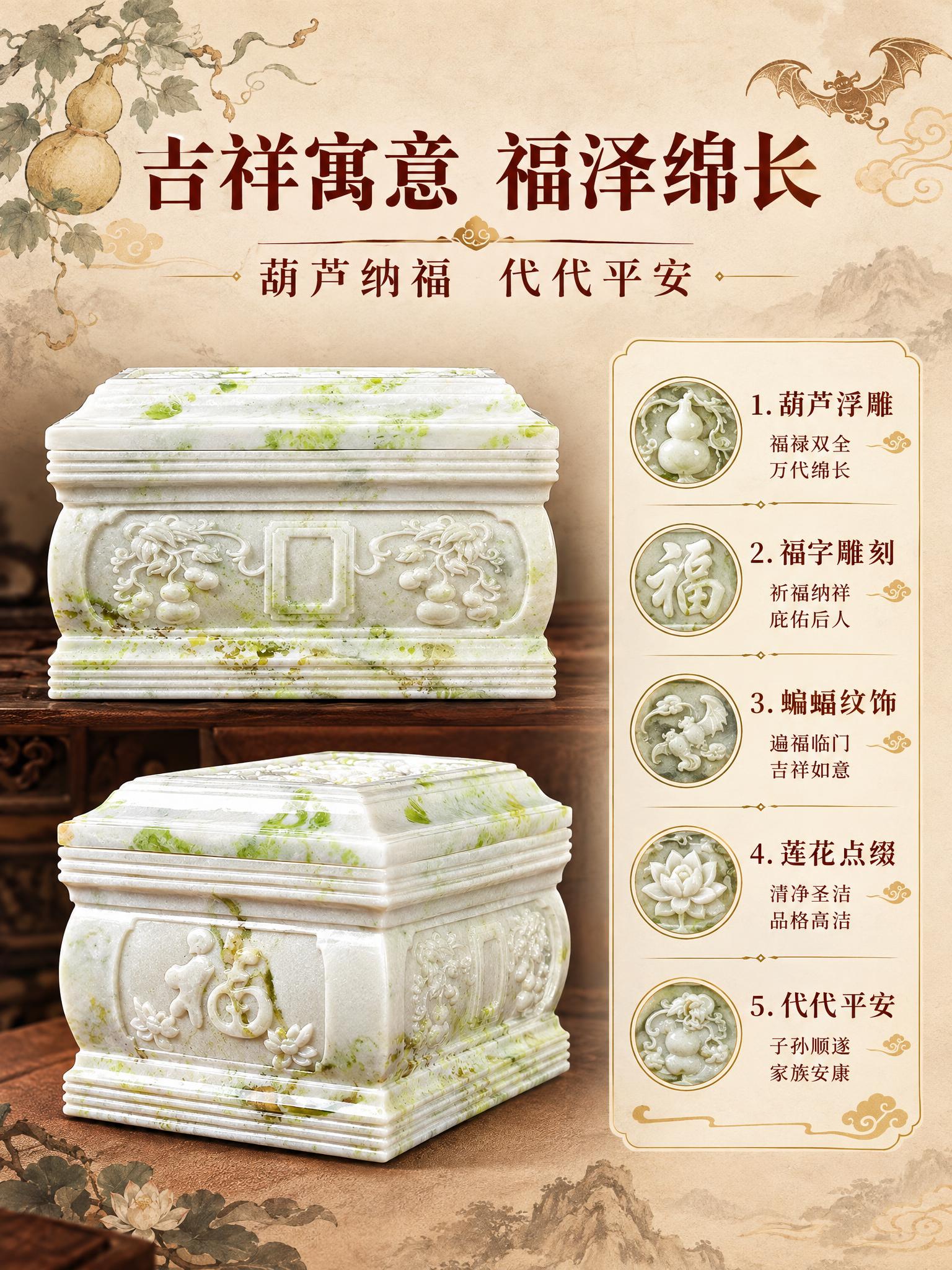 [商品] 使用【图1】【图2】代代平安黄岫玉骨灰盒正面与侧面细… - 图片创意预览
