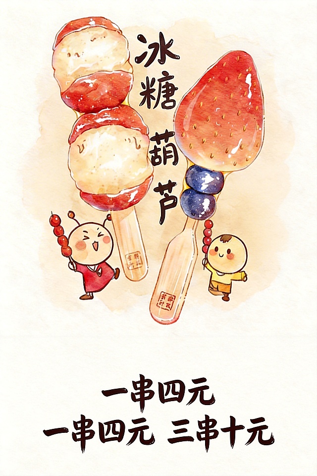 移除现有价格文字，在图像底部添加“一串四元 三串十元”，风格与画面水彩手绘风格统一