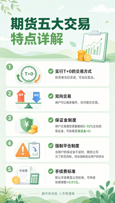 一幅介绍期货五大交易特点的信息图，版式清爽舒服，整体为小清新风格。画面包含标题"期货五大交易特点详解"，内容为：✅ 实行T+0的交易方式，投资者当日买进，可当日卖出。✅ 双向交易，用户可以做多操作，也预览效果