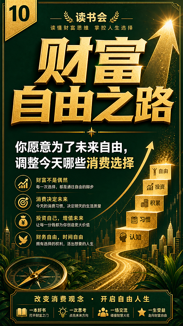 读书会主题大字报海报，竖版9:16，深绿金色调，呼应《财富自由之路》封面风格。画面中央超大号主标题"财富自由之路"，下方醒目副标题"你愿意为了未来自由，调整今天哪些消费选择"。左上角标注"10"编号。背景为深绿色配金色线条装饰，有向上的箭头或阶梯图形，象征财富增长与自由之路。文字为金色和白色，大字醒目，激励感强。不放地址、时间、报名方式、二维码。画面中所有信息区域必须填充完整合理的内容，不得出现空白框、空白占位、横线待填写区域。