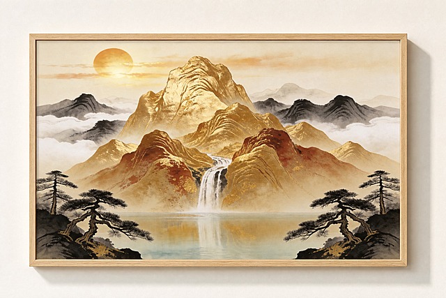 为这张新中式山水画芯添加原木色画框：1. 画框为原木色（自然浅木色）L型截面窄框，四边窄细不喧宾夺主，四角为45度拼角、严丝合缝；2. 画框右侧与底部有柔和自然的投影落在浅色墙面上，投影方向由左上光源向右下投射，轻微柔和；3. 画芯内容100%保真：画面中所有山峦、瀑布、树木、云雾、水面倒影、印章等元素完整保留，无裁切、无变形、无遮挡；4. 画面中只出现画与画框，背景为简洁浅色墙面，无其他物体、无文字、无水印。