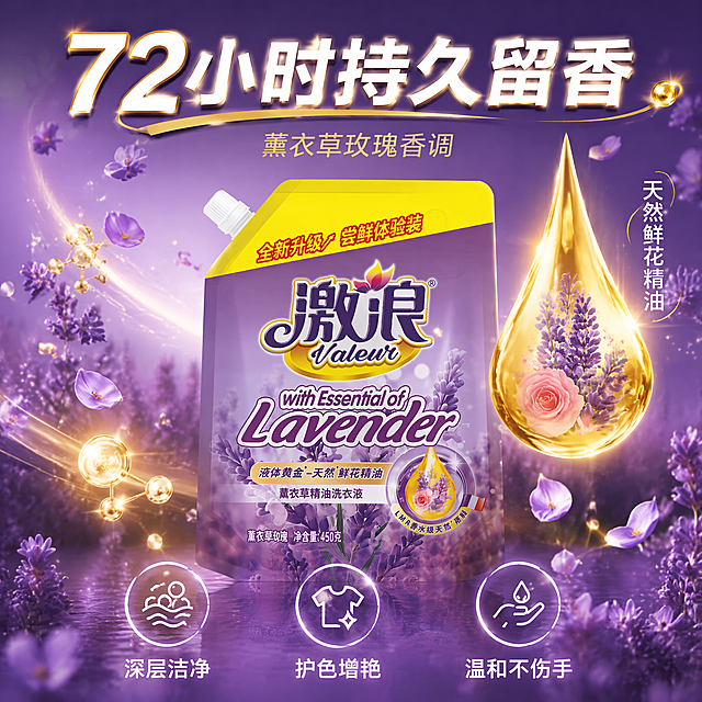 [主图-2] 激浪薰衣草精油洗衣液核心卖点图 72小时持久留香通感表达
[氛围风格] 紫色香氛氛围感 科技机理可视化 洁净高级感
[画质] 商业摄影质感 光线通透 产品清晰 画面干净 超高清
[元素] 产品主体激浪薰衣草精油洗衣液袋装居中偏左放置 保持产品外观即物理结构材质质感颜色与输入产品图绝对一致 杜绝任何变形和色差 精细化处理 商品主体占比约60%。产品周围环绕飘散的紫色薰衣草花瓣和金色香气分子微粒 从产品向四周扩散 形成香气弥漫的视觉效果。右侧有一个大型金色精油滴 内部悬浮薰衣草花和玫瑰花瓣 晶莹剔透。背景是渐变紫色 从深紫到浅紫过渡 带有柔和的光斑和薰衣草花剪影。
[光影] 产品正面柔光打亮 金色精油滴有强烈高光和内部折射光 香气分子有自发光效果 背景有柔和的环境光 整体通透明亮 有科技感但不冰冷
[配色] 主色调深紫 浅紫渐变 辅助色金色 白色 薰衣草花色
[视角构图] 平视微仰视 产品为视觉中心 香气元素环绕分布 画面满屏无边框
[文字版式] 画面顶部大标题 72小时持久留香 白色粗体大号字 带金色描边。标题下方小字副标题 薰衣草玫瑰香调 浅金色字体。右侧精油滴旁竖排文字 天然鲜花精油 白色字体。底部三列图标加文字 左到右 深层洁净 护色增艳 温和不伤手 白色图标配白色文字 文字不遮挡产品主体
[输出要求] 1:1比例 文字清晰可辨 超高清商业摄影质感
[负向提示词] 变形 文字错乱 产品模糊 背景杂乱 水印 电商平台Logo
