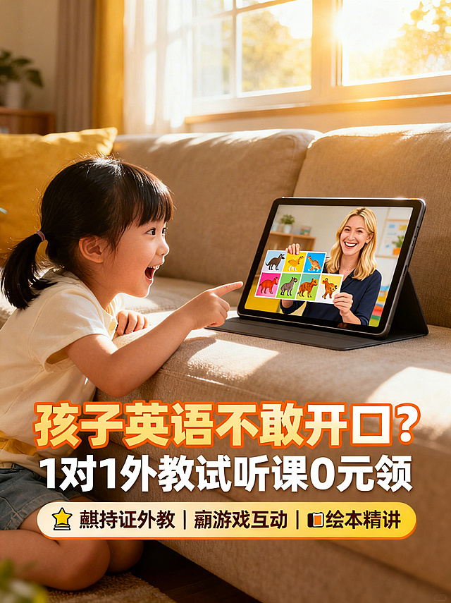 明亮温馨的客厅里，一个3-6岁的中国小女孩坐在沙发上，面前是一个平板电脑，屏幕上是一位笑容亲切的金发女外教正在展示色彩鲜艳的动物卡片，小女孩身体前倾，眼睛亮晶晶的，小手兴奋地指着屏幕，阳光从窗户洒进来，整体画面温暖、充满希望。人物放在画面偏左，右侧留白放文字，整体色调温暖明亮，饱和度略高。主标题（大号、橙色、粗体）："孩子英语不敢开口？"，副标题（中号、白色）："1对1外教试听课0元领"，底部卖点条："🎓持证外教｜🎮游戏互动｜📚绘本精讲"，字体醒目有冲击力。