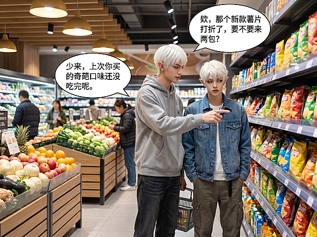 「图片1」「图片1」两图中的人物一起购物，场景布局随机。人物随机更换服装发型不变。（图1人物：短发，瓜子脸颧骨，1米8。外向，保留邪魅气质，内冷静沉稳，高智商情商正义感强。图2人物：短发，1米84。外向好动，妩媚慵懒气质，幽默毒舌高情商，正义善良。）两人是发小关系偏成熟损友，把控人物表情，加入中文对话气泡不能有性格描述关键词。根据图1风格生成5张