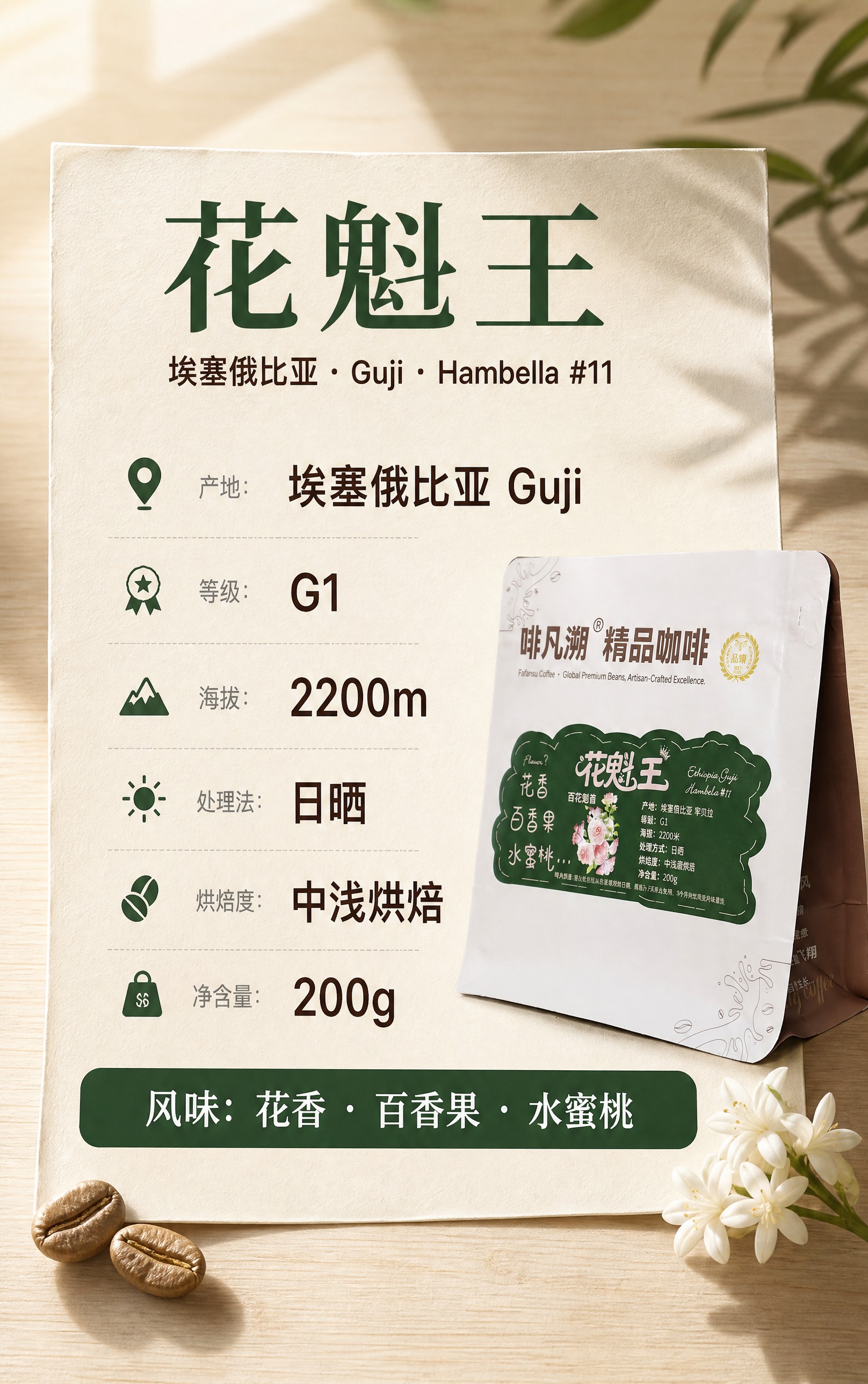 基于【图1】啡凡溯花魁王精品咖啡豆白色哑光铝箔自立袋，保留袋身… - 图片创意预览