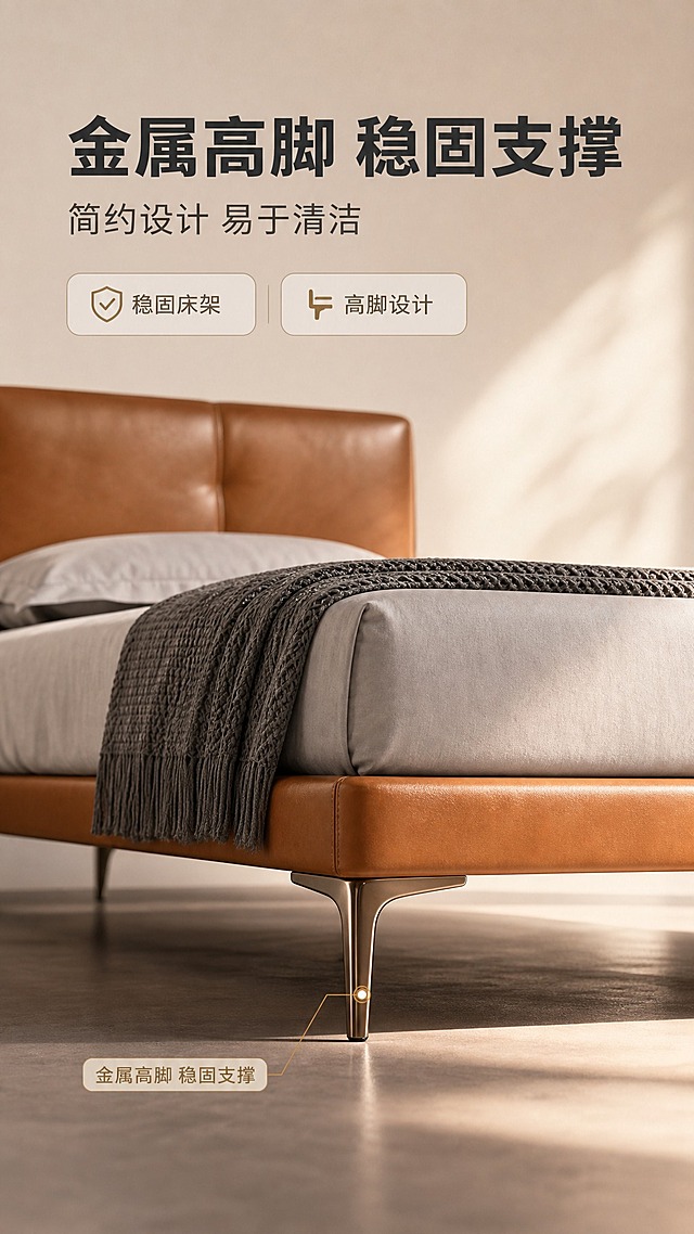 [商品] 使用【图1】焦糖棕真皮床的床架与床脚部分；保留金属细脚的造型、颜色、数量与位置，保留床架真皮包边结构；增强金属光泽与皮面质感，不改变结构比例。
[画面] 目标：床架结构与金属高脚展示，体现稳固支撑与设计感。构图：上文下景，顶部文案区，下方床架侧视角度特写；主体占画面约60%；景别：中近景；前中后景：前景床脚与地面接触阴影，中景床架侧边+金属脚，后景虚化地面与墙面；低角度侧光突出金属脚线条。
[视觉] 套系策略：风格=意式极简轻奢商业摄影；标题字=现代无衬线粗体；正文字=简洁无衬线体；主色=焦糖棕；背景延展=基于暖棕+米白做深浅层级、同色渐变和细腻墙面/织物质感；强调色=古铜金，仅用于小面积图标、引线和标签；标题色=深炭灰；正文色=中暖灰；组件=圆角浅底信息卡、细线引线；光影=侧低暖光，勾勒金属脚轮廓与立体感。
[文字] 顶部：主标题「金属高脚 稳固支撑」，副标题「简约设计 易于清洁」，2个标签「稳固床架」「高脚设计」；配细线引线标注金属脚位置；文字不遮挡床架主体。
[规格] 图片比例9:16竖版，4K，避免变形、错字、文字过小、冷蓝/蓝灰背景、床颜色改变、出现材质成分描述、出现虚构参数。
