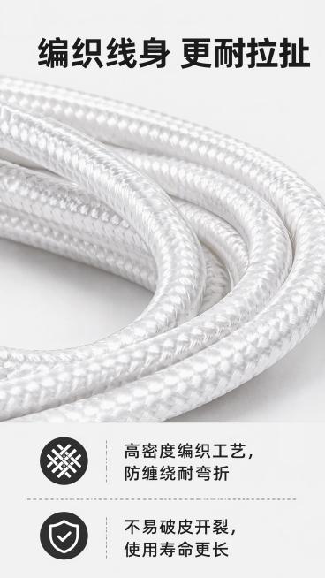 [第4屏] 材质解析，展示一米编织线身的细节优势。本屏使用【图1】提取线身部分。
[氛围/风格] 微距细节展示，专业质感，清晰纹理表现。
[元素布局] 上半部分放大展示编织线身的纹理细节，保留原图编织预览效果
