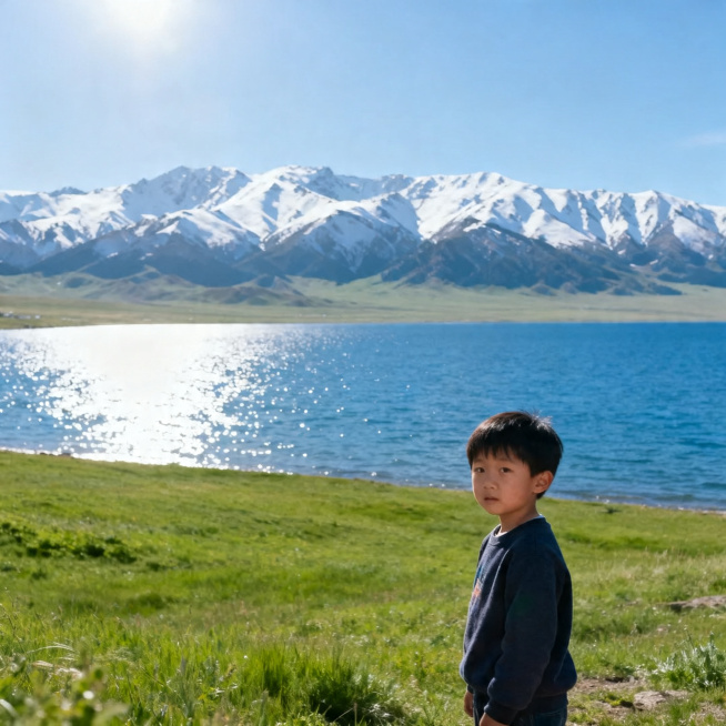 一个小男孩站在赛里木湖湖边，远处是连绵的雪山，湛蓝的湖水波光粼粼，周围是绿色的草原，天气晴朗，阳光明媚，风景优美自然，高清写实风格预览效果