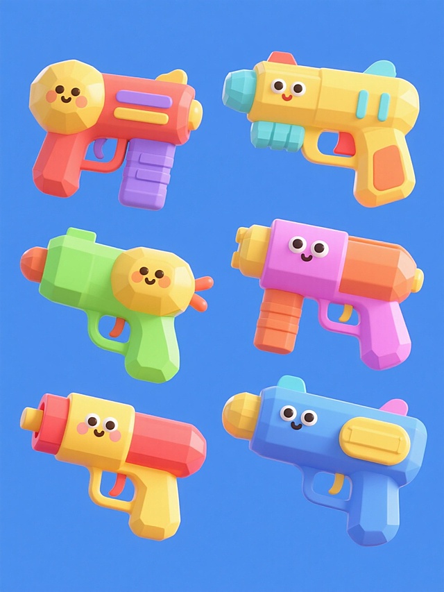 六个不同样式的卡通风格水枪，每个水枪拥有独特的配色方案，整体呈现圆润可爱的3D低多边形造型，表面光滑有塑料质感，色彩鲜艳明快，采用纯色背景，六支水枪整齐排列成一行，保持统一的卡通3D风格和明亮活泼的氛围。