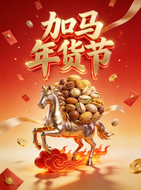视觉主体： 一张极具视觉冲击力的电商坚果海报。画面中心是一匹气势磅礴的3D鎏金骏马，马身闪耀着金属光泽。骏马正驮着堆积如山的巨型坚果（夏威夷果、碧根果、开心果）冲向前方。坚果质感写实，色彩金黄饱满，看预览效果
