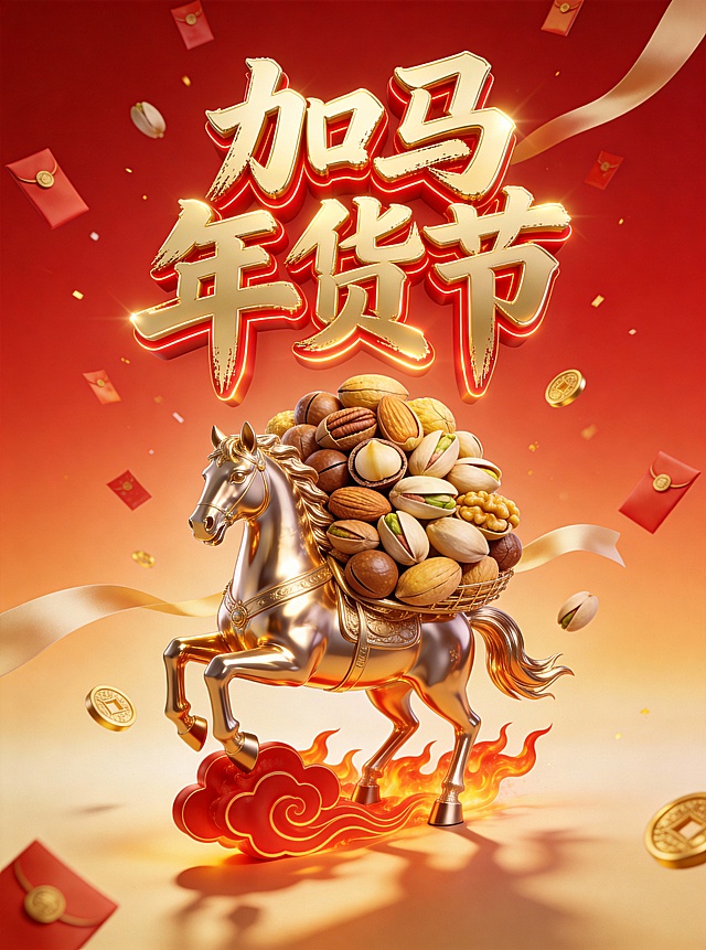 3D重拟物风格，鎏金骏马驮满坚果，火焰祥云托举，红金配色营造喜庆奢华感，节日氛围浓厚。