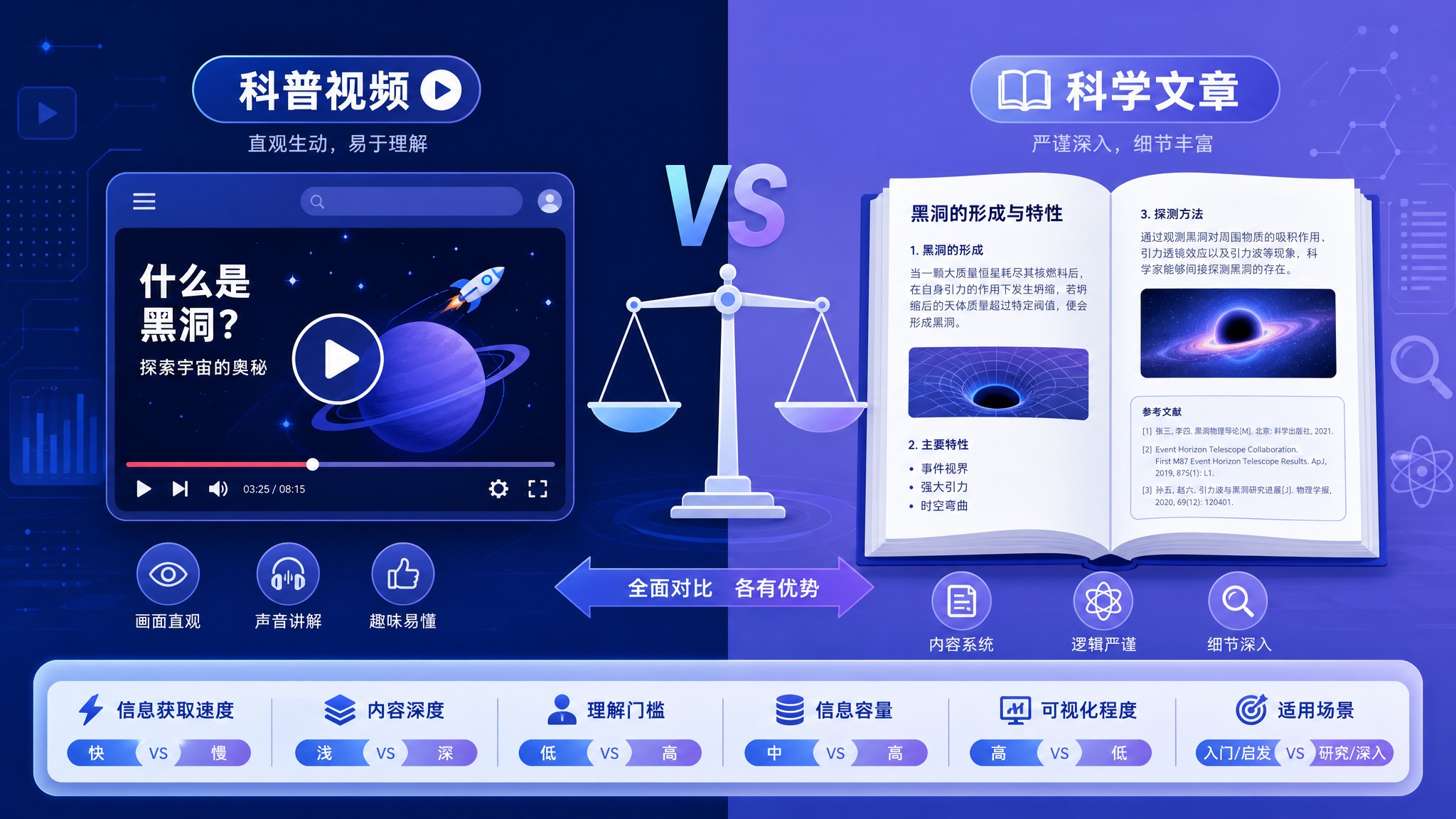 科技感扁平插画风格，科普视频与科学文章对比主题。画面左右分屏，… - 图片创意预览